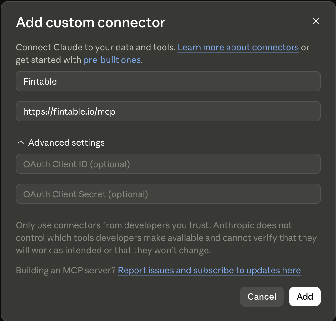 Adding the Fintable custom connector in Claude