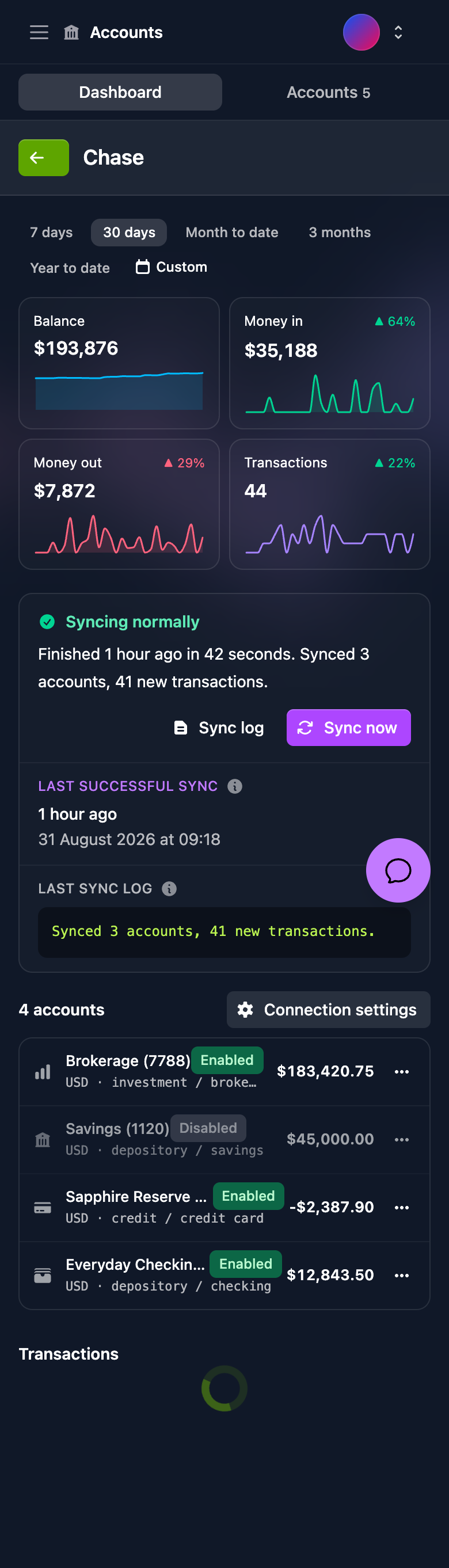 Dashboard V3 connection health and sync details on iPhone